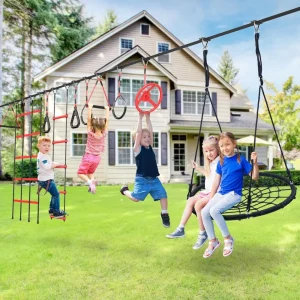 50-ft Ninja Warrior Obstacle Course for Kids with Tree Swing, Portable Slackline Swing Set with Weather-Proof Obstacles